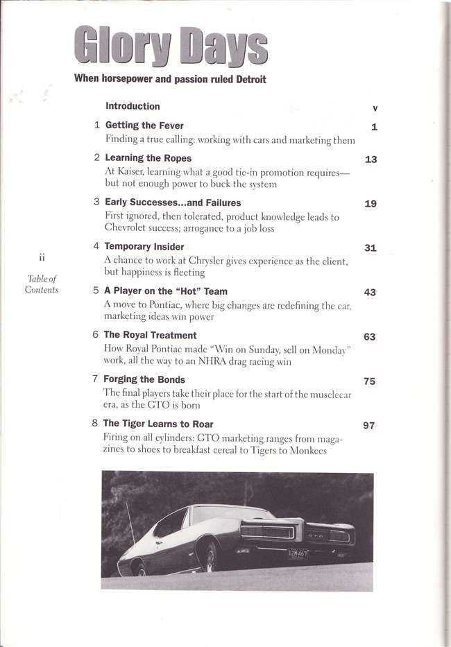 Book title page and table of contents with numbered section list