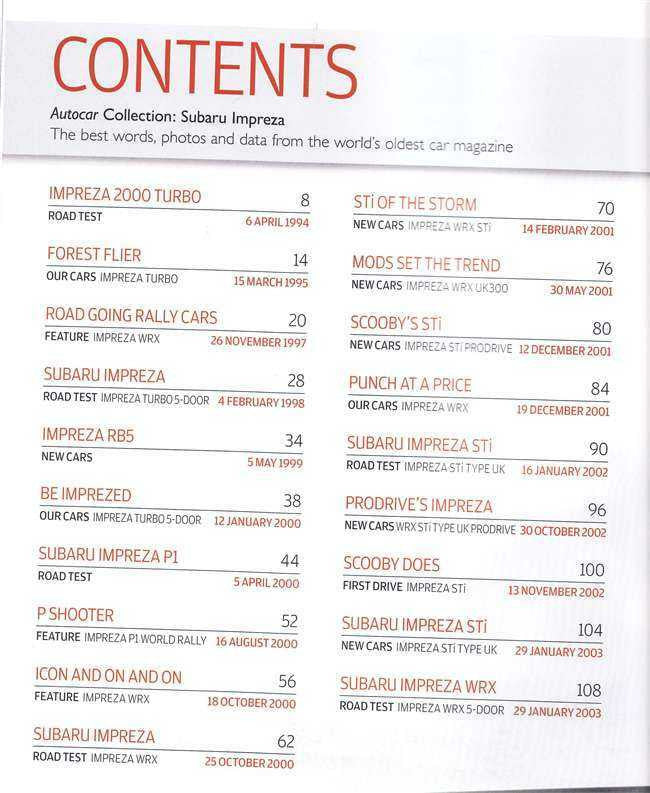 Autocar Collection booklet table of contents page