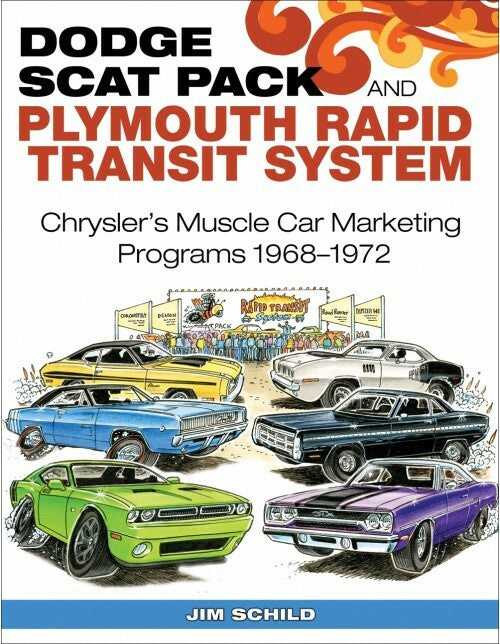 Muscle car marketing programs book cover with colorful classic car lineup illustration