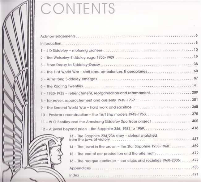 Book table of contents page with numbered sections for Armstrong Siddeley Motors.