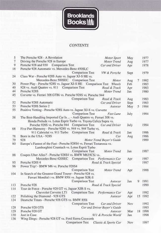Book contents page with columns of text and a list of Porsche 928 entries