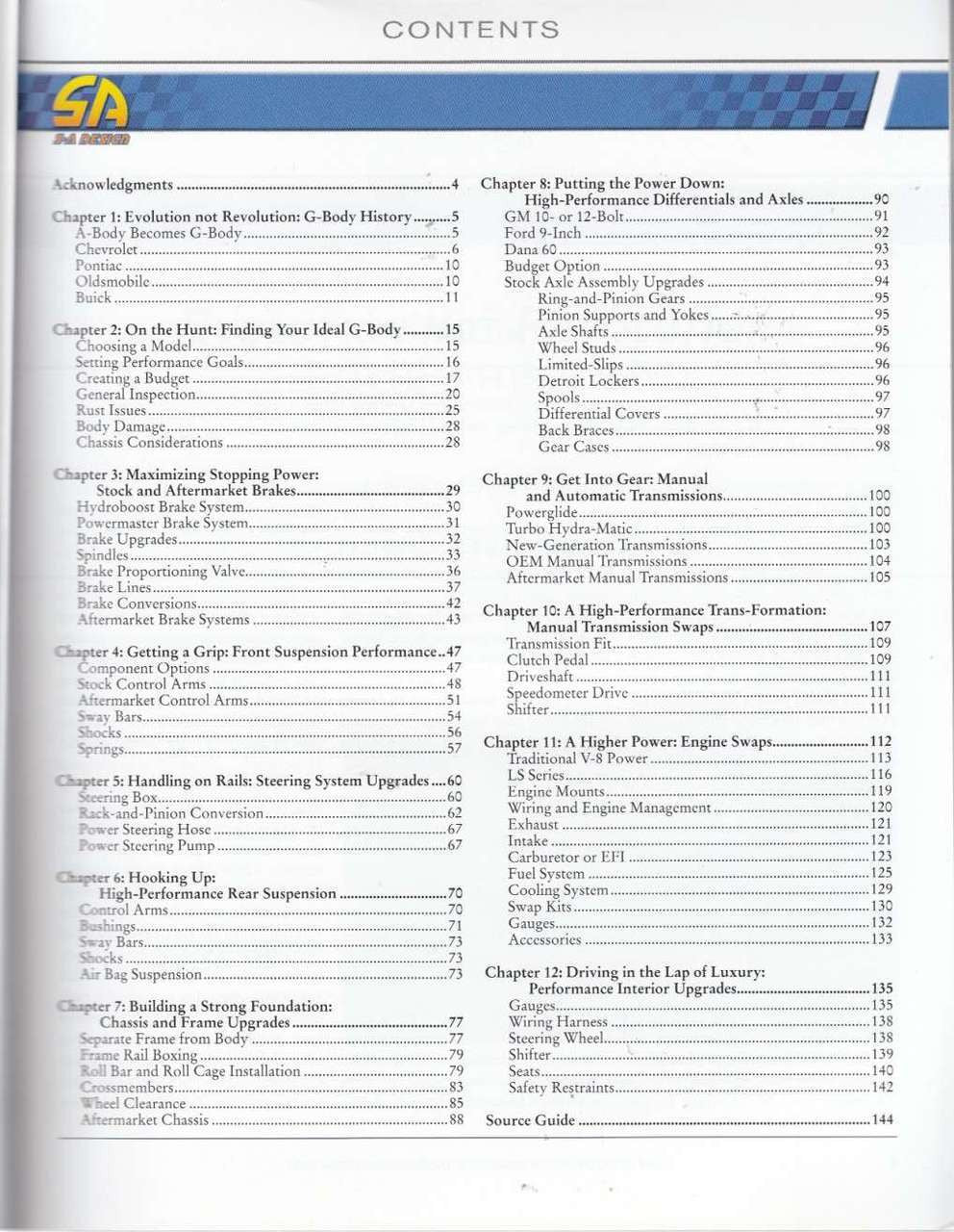 Automotive performance guide contents page with chapter list and page numbers