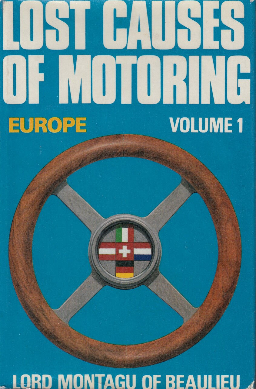 Hardcover book cover with steering wheel graphic, Lost Causes of Motoring Europe Vol 1