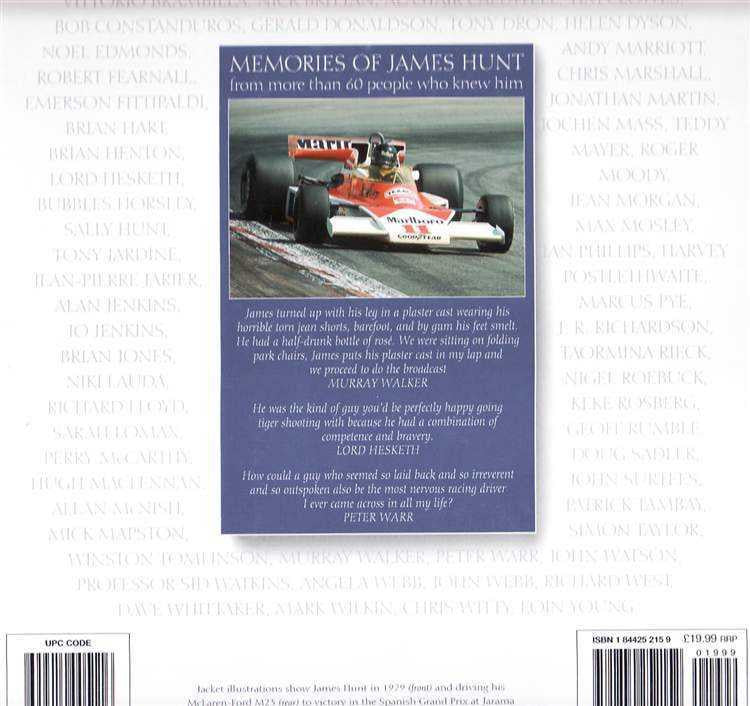Motorsport biography book cover with race car and James Hunt title text