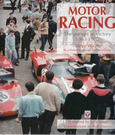 Motor Racing book cover, pursuit of victory 1963-1972 with racing cars and crowd