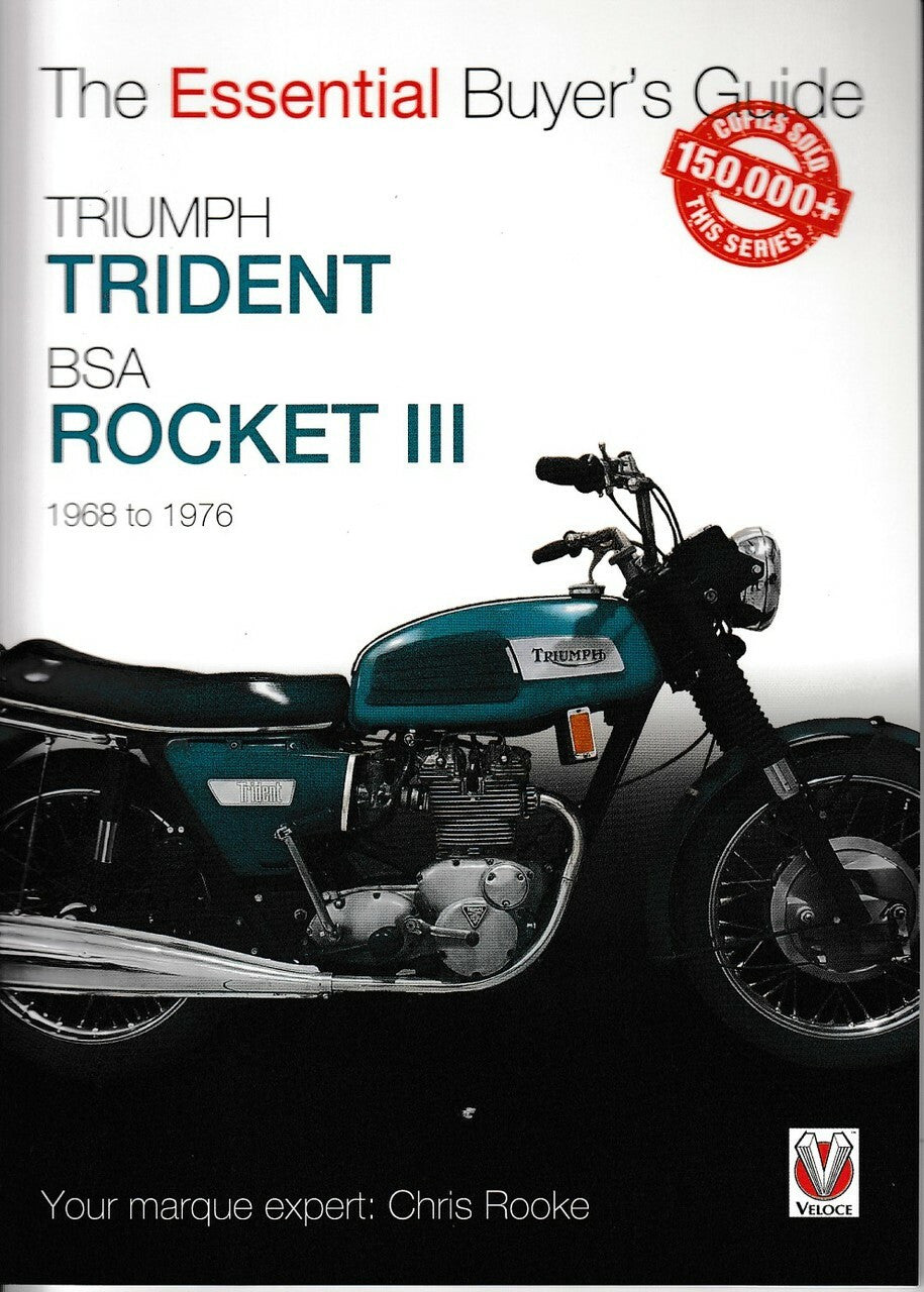 Motorcycle guide cover with teal Triumph Trident and BSA Rocket III, plus bike photo.