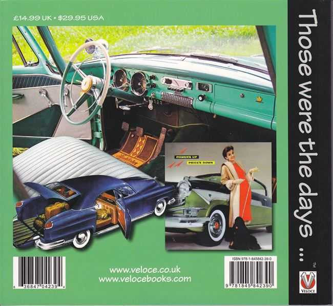 Automotive history book back cover with classic car interior and promotional photo