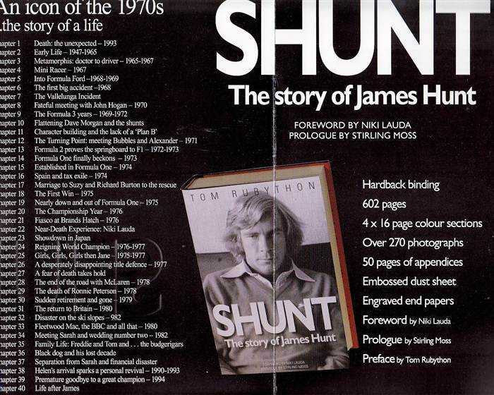 Hardback motorsport book cover with SHUNT title, James Hunt portrait, and specs