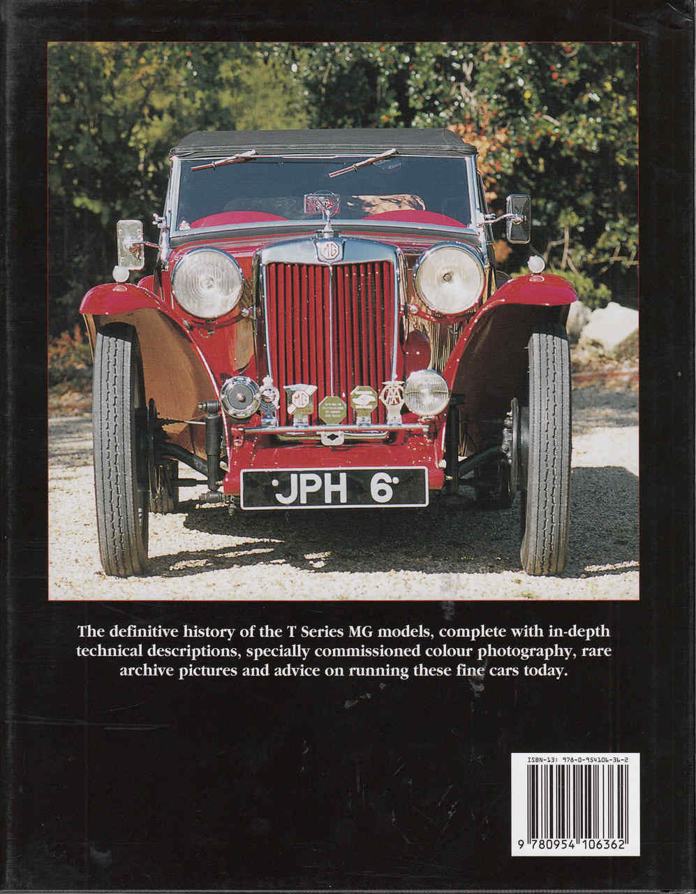 Automotive book back cover with red classic car front view and barcode.