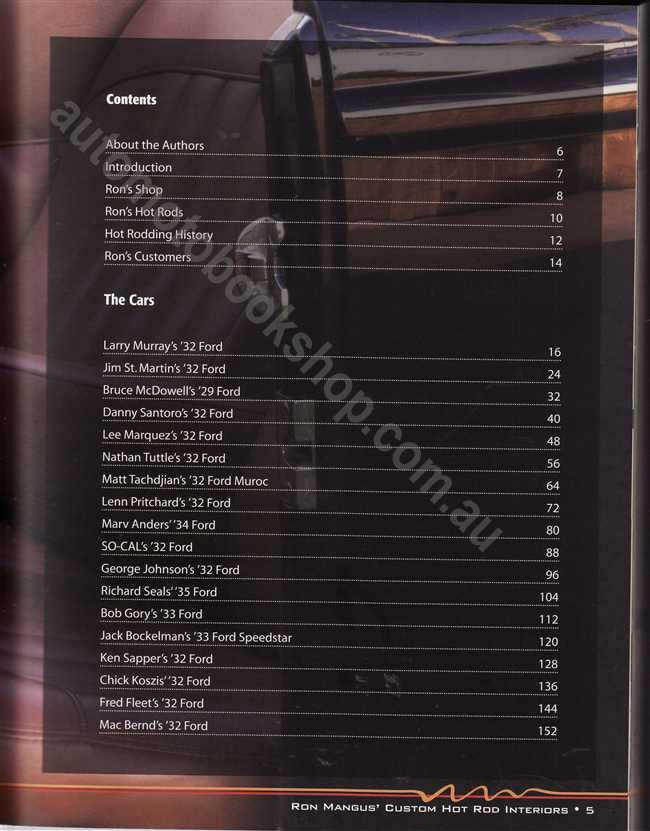 Automotive interiors book contents page with white list text on dark background