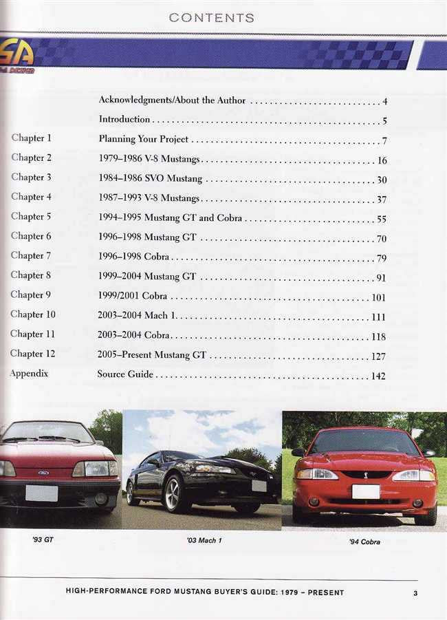 High-Performance Ford Mustang buyer's guide contents page with chapter list and car photos