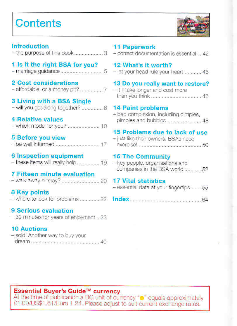 Book contents page for BSA 350, 441 & 500 Singles guide