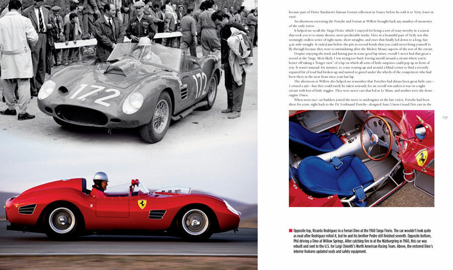 Automotive history book page with red sports car profile and inset cockpit photo