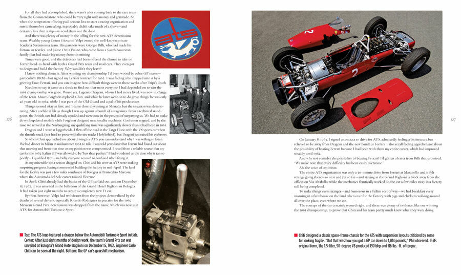 Automotive history book spread with red race car parts, engine, and numbered callouts