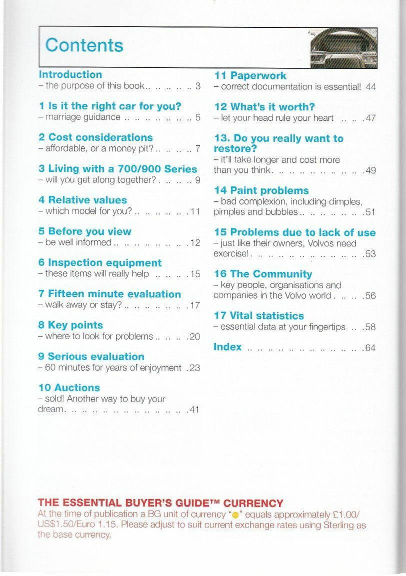 Automotive buyer's guide contents page with numbered sections and index