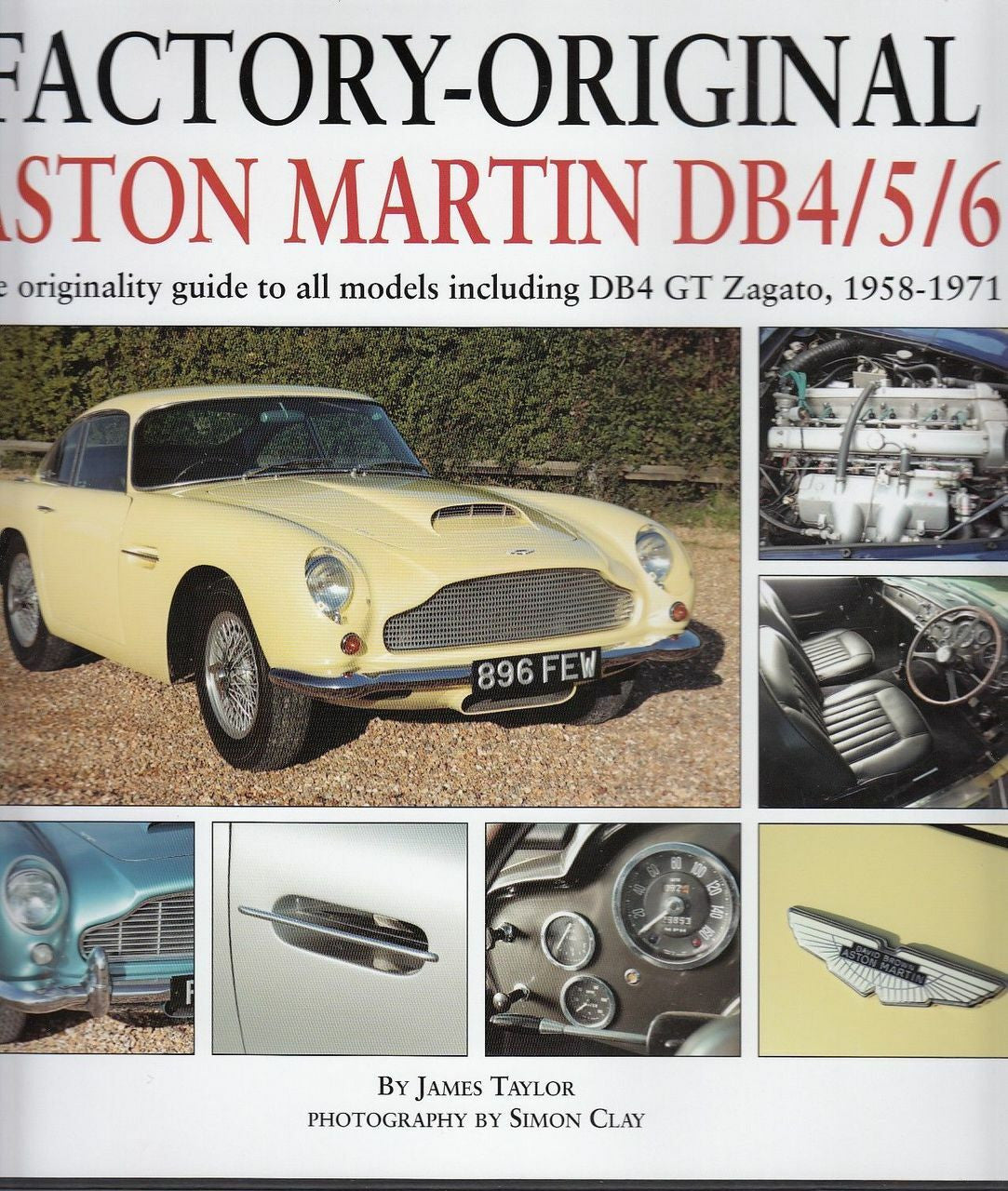 Automotive guidebook cover with yellow Aston Martin DB4/5/6 and engine detail photos