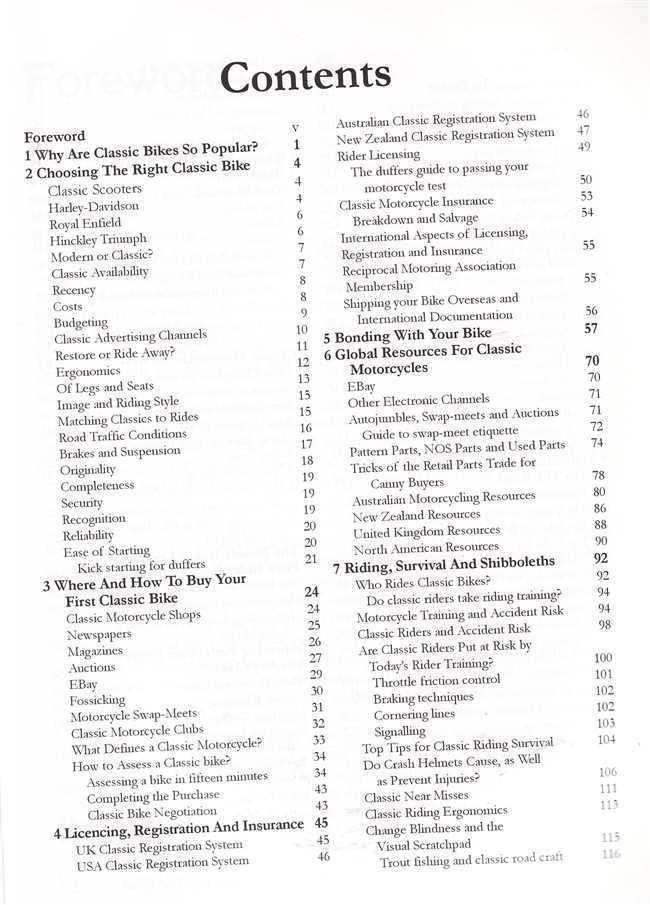 Motorcycling guide book contents page with chapter headings and page numbers