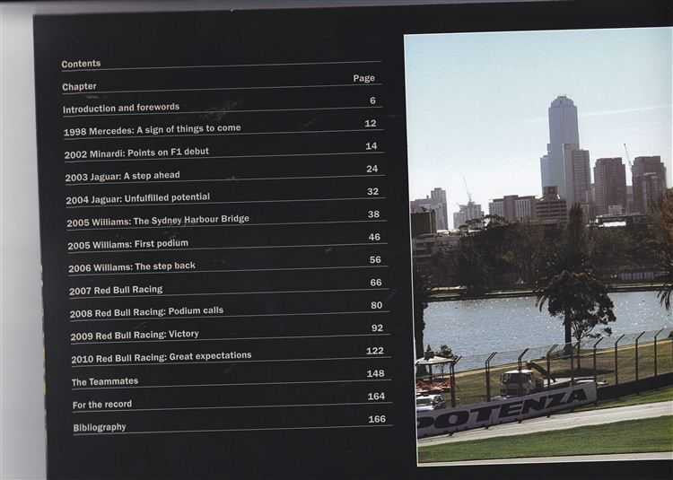 Formula One pictorial history book contents page with headings and skyline view