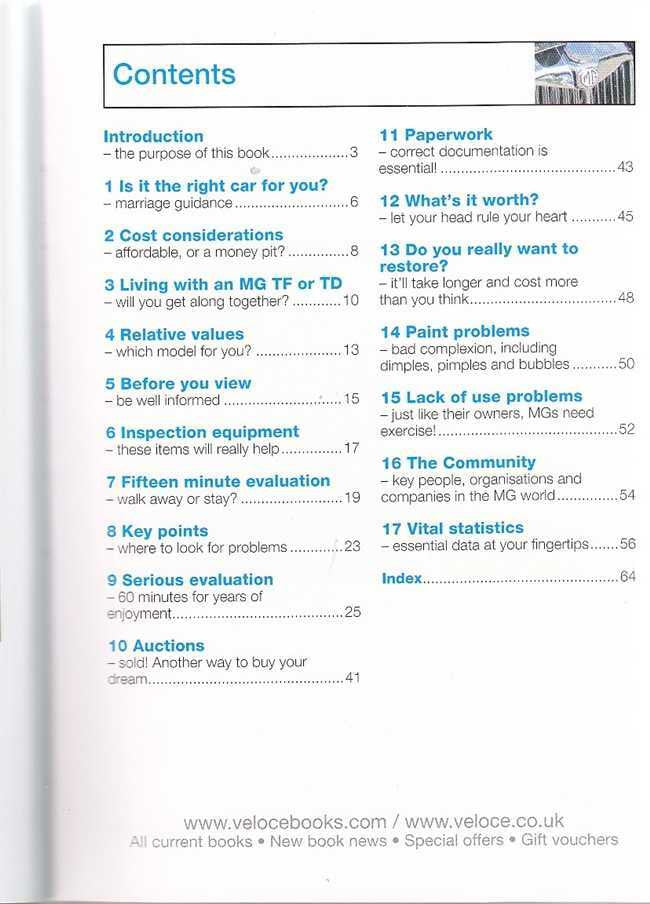 Paperback book contents page with blue Contents header and section list