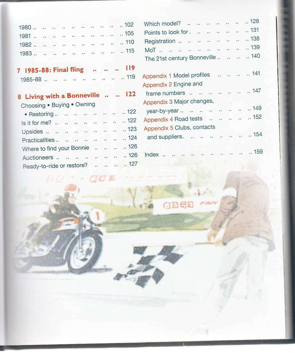 Open book page with numbered sections and classic motorcycle photo inset