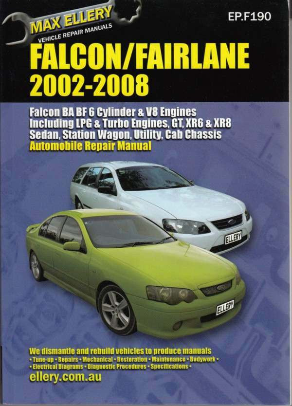 Vehicle repair manual cover for Falcon/Fairlane 2002–2008 with two car photos