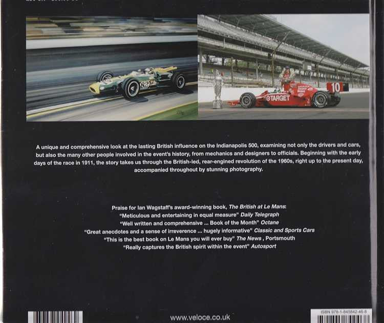 Motorsport book back cover with racing cars and promotional text