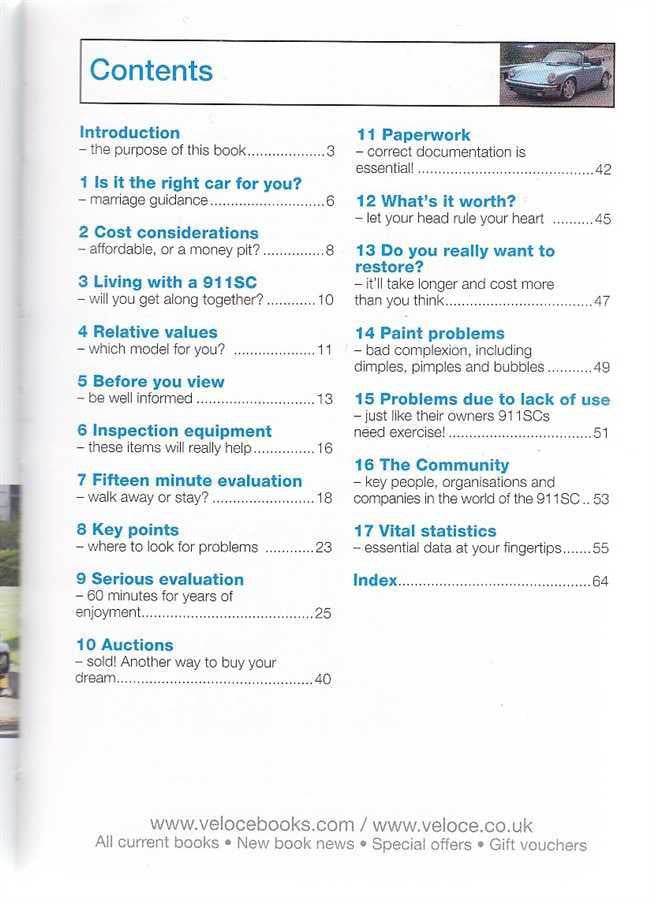 Automotive buyer’s guide book contents page with section list and headings