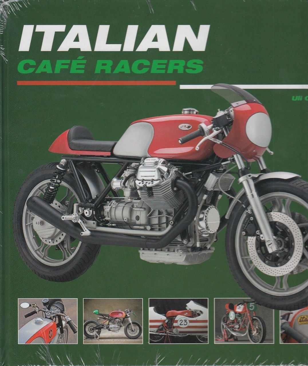 Cafe racers book front cover with red motorcycle, white seat, and helmet