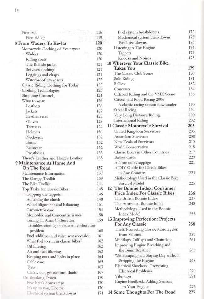 Motorcycling guide book contents page with more chapter headings and page numbers
