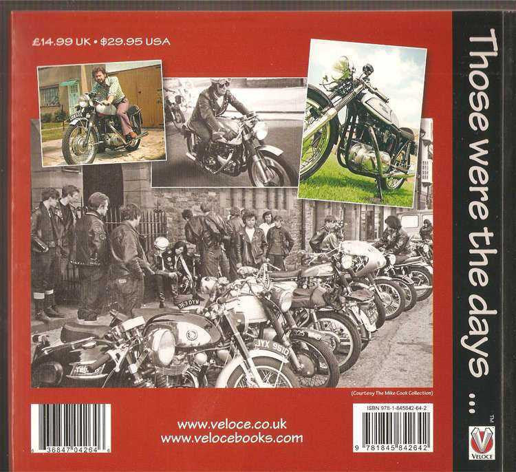 Vintage motorcycle photo collage book cover with riders and motorbikes on red background