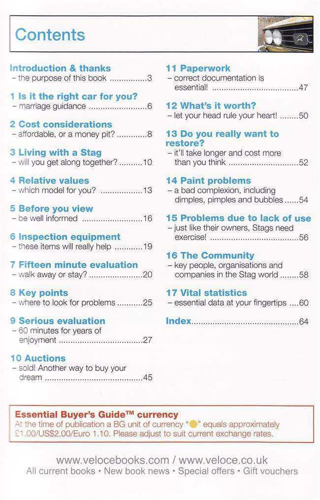 Essential Buyer’s Guide contents page with section list, page numbers, and currency box