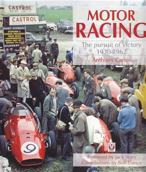 Motor Racing book cover with crowd beside red race cars, 'The pursuit of victory 1930-1962'