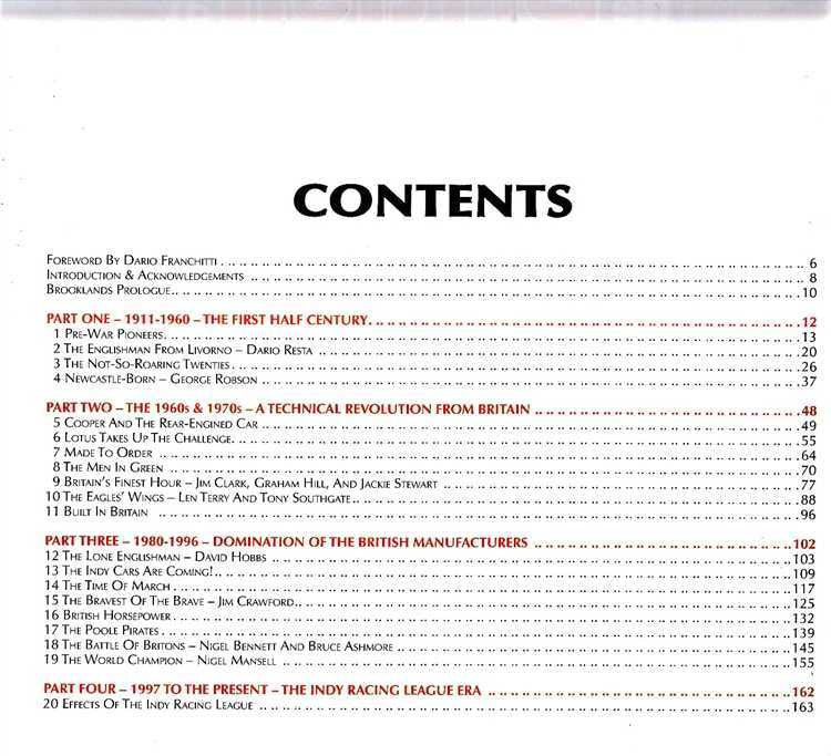 Motorsport book contents page with section headings and page numbers