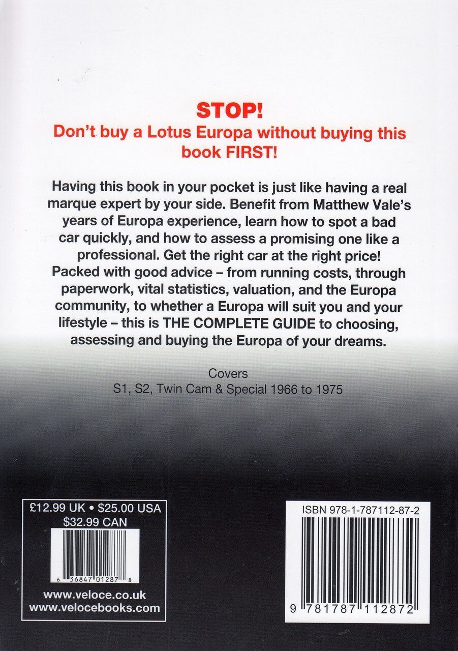 Lotus Europa Essential Buyer’s Guide book, back cover with barcode and details