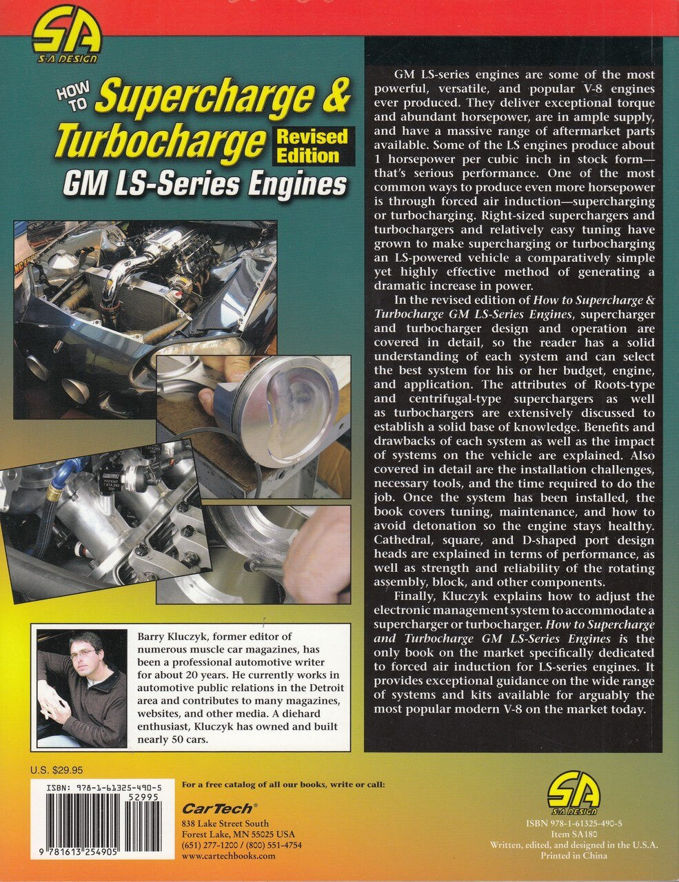 Automotive how-to book back cover with GM LS engine text and photo layout