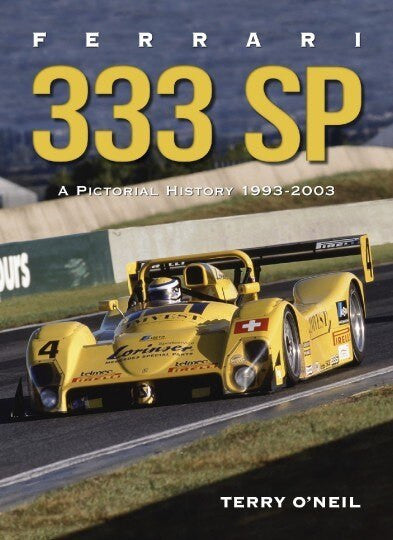 Ferrari 333 SP history book cover with yellow race car and Terry O'Neil text