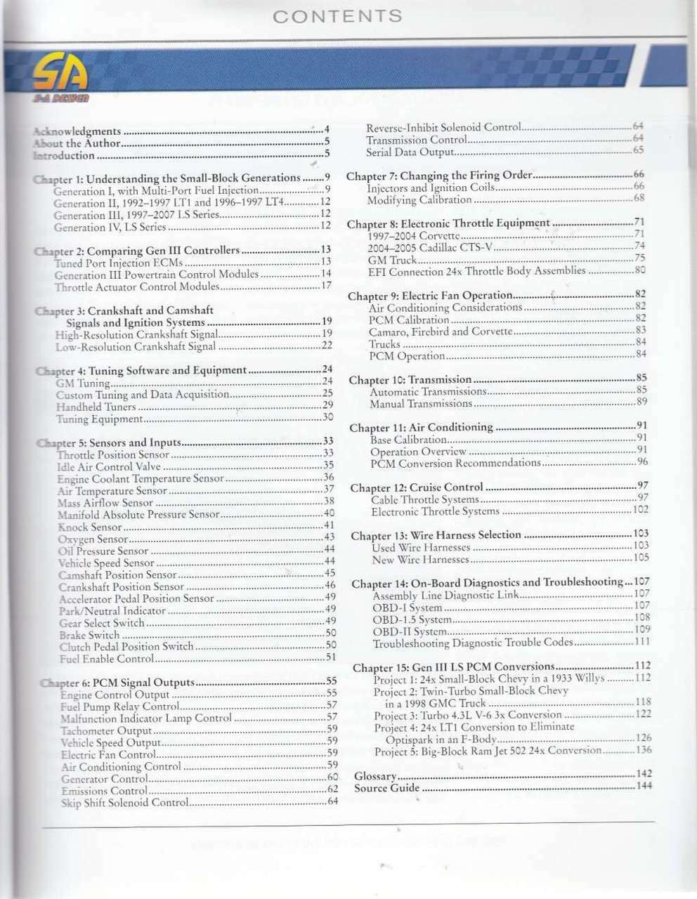 Automotive service manual contents page listing chapters for GM Gen III LS-Series system