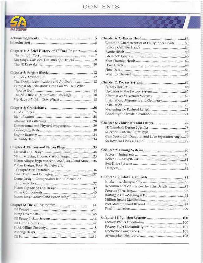 Performance engine manual contents page with chapter list text