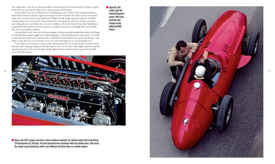 Automotive history book page with red race car front view and engine bay photo