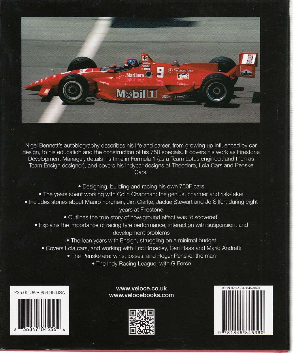 Autobiography book back cover with red race car photo and barcode area