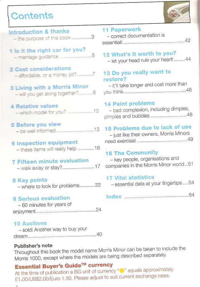 Morris Minor & 1000 essential buyer's guide contents page with section headings