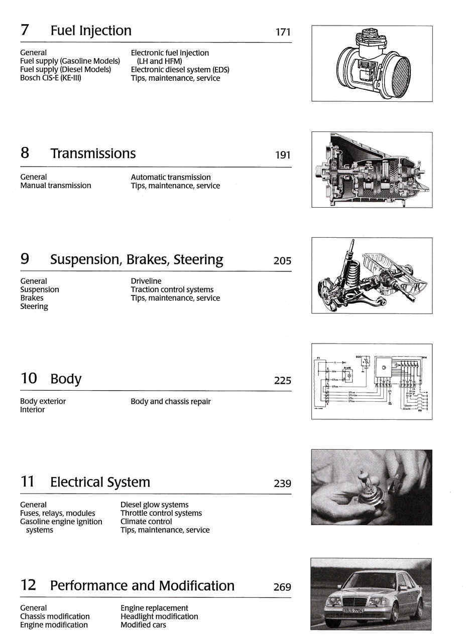 Automotive repair manual open to table of contents with diagrams