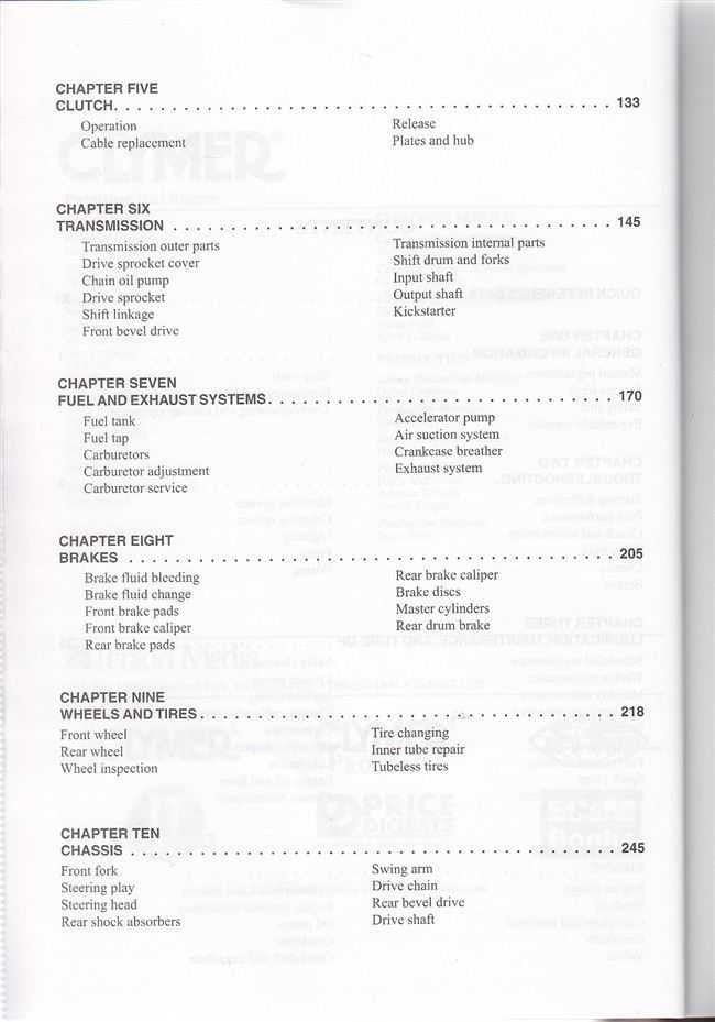 Motorcycle service repair manual chapter contents page with fuel, brakes, wheels and tires