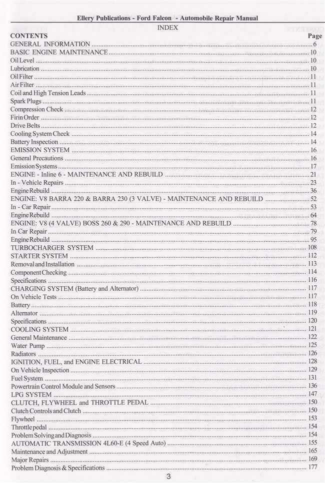 Vehicle repair manual contents page with numbered engine and maintenance sections