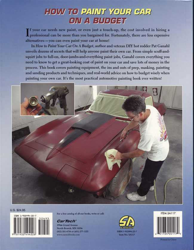 Automotive car painting guide book, back cover with maroon car hood and kneeling painter