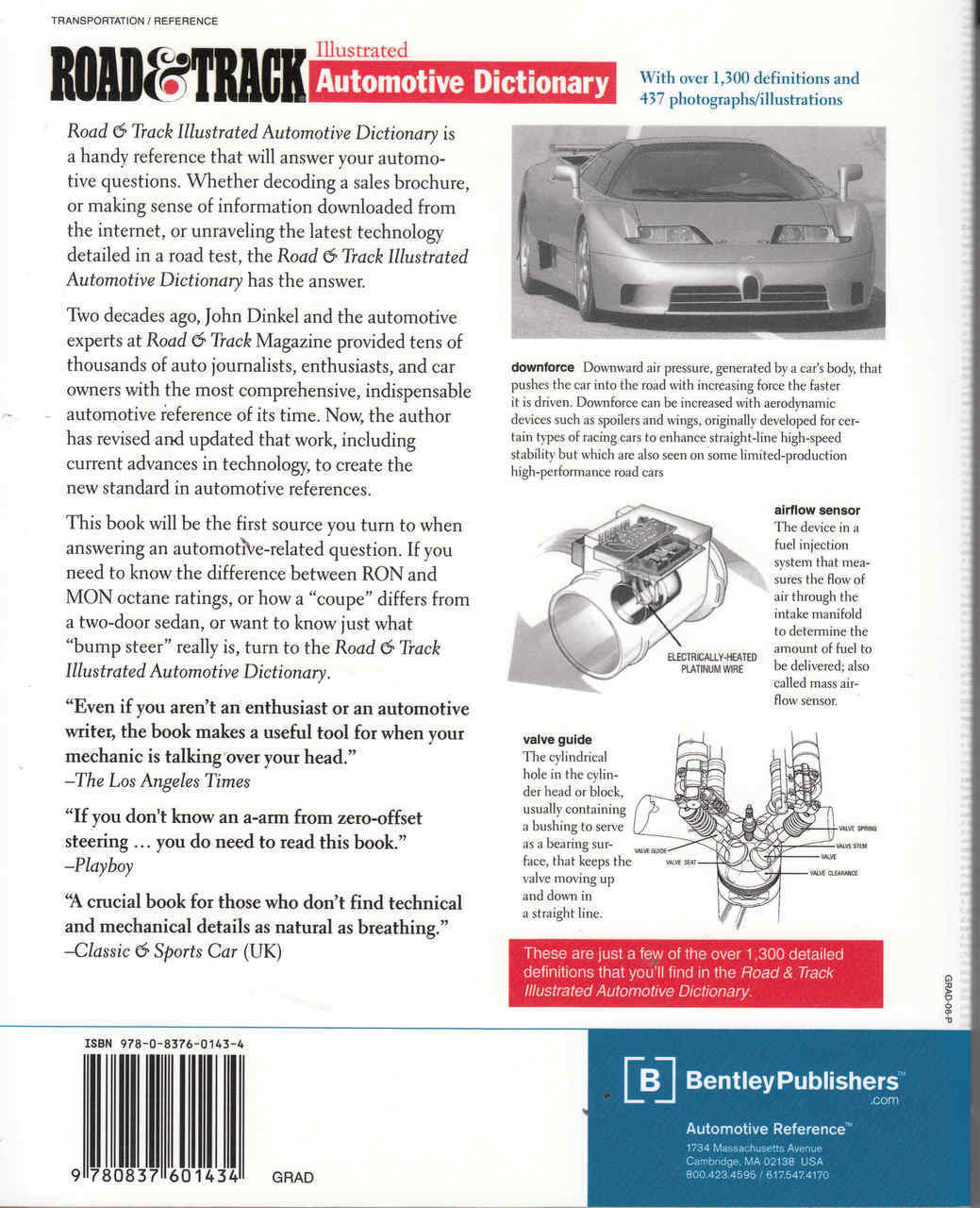 Automotive dictionary book back cover with car photo and labeled mechanical diagrams