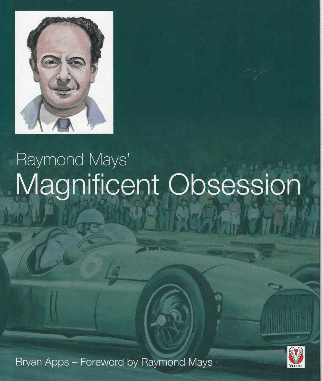 Motorsport book front cover with title text, portrait headshot, and classic race car