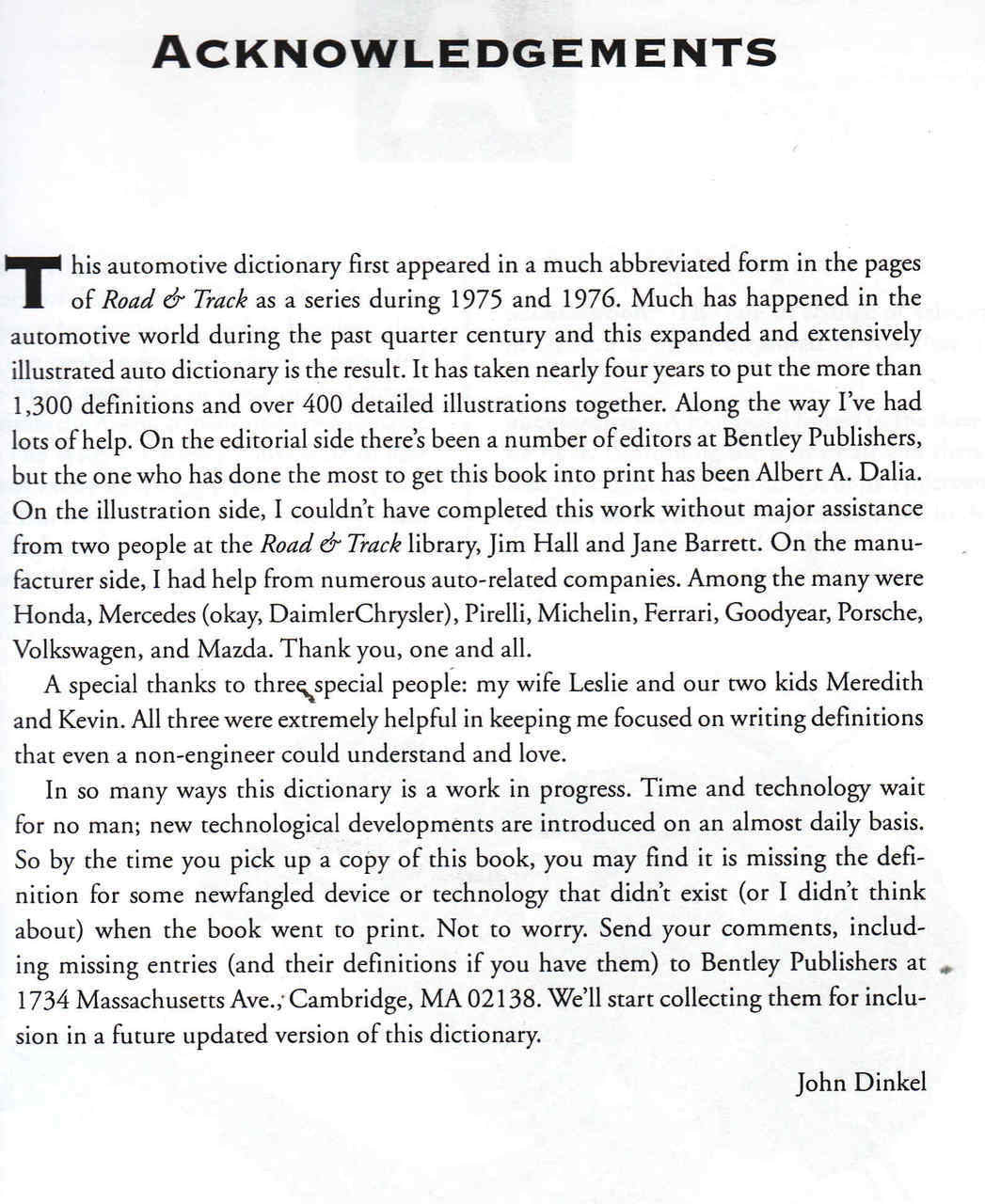 Automotive dictionary book page with acknowledgements heading and printed text