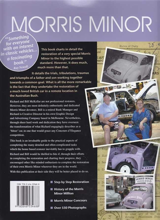 Paperback book back cover with Morris Minor car photos and restoration text