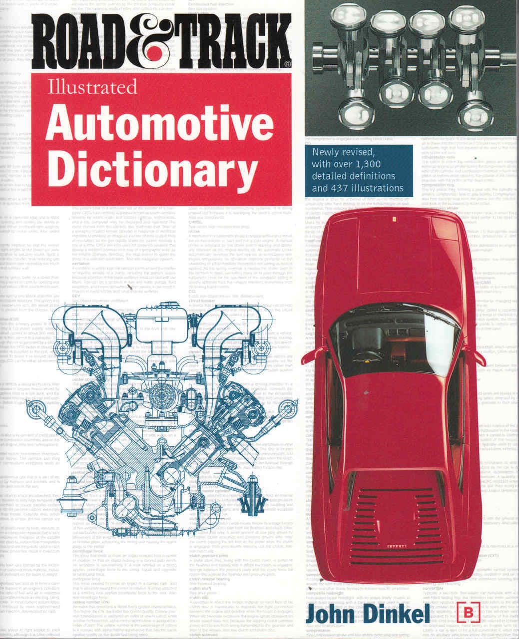 Automotive dictionary book front cover with red car illustration and blue engine blueprint